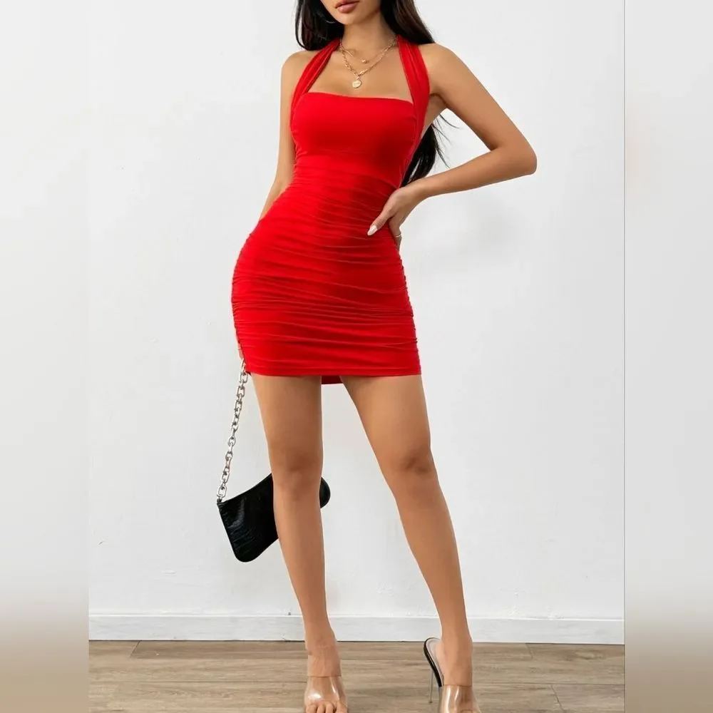 Club Party Wear Sexy Red Halter Ruched Bodycon Dress - Women